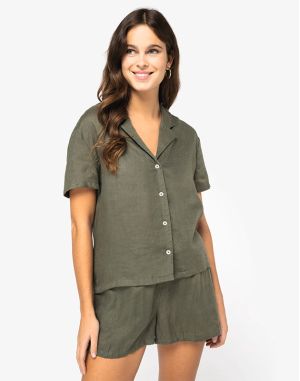 CHEMISE MANCHES COURTES EN LIN À COL BOWLING FEMME